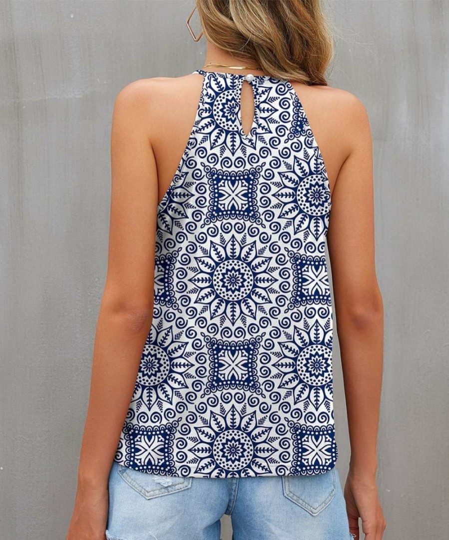 Other * | Best Pirce Izuria Navy & White Mandala Ruffle-Trim Gathered-Neck Sleeveless Top Women