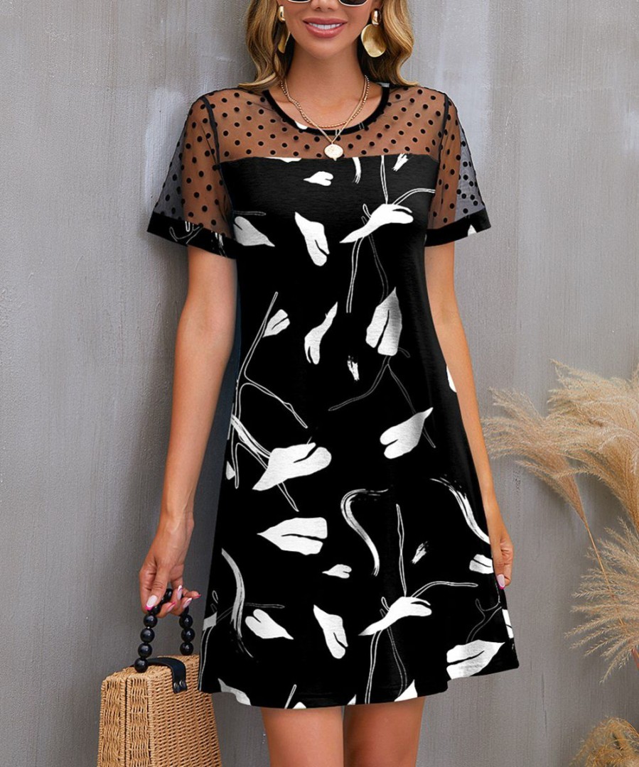 Women * | Outlet Izuria Black & White Abstract Polka Dot Mesh-Accent Shift Dress Women