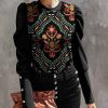 Women * | Discount Izuria Black & Green Floral Button-Accent Balloon-Sleeve Top Women & Plus