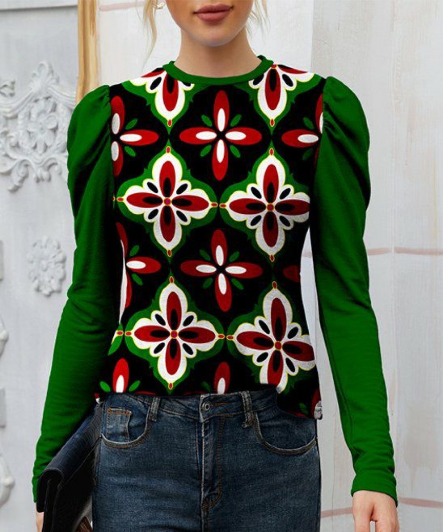 Womens Plus * | Wholesale Izuria Green & Red Medallion Floral Crewneck Puff-Sleeve Top Women