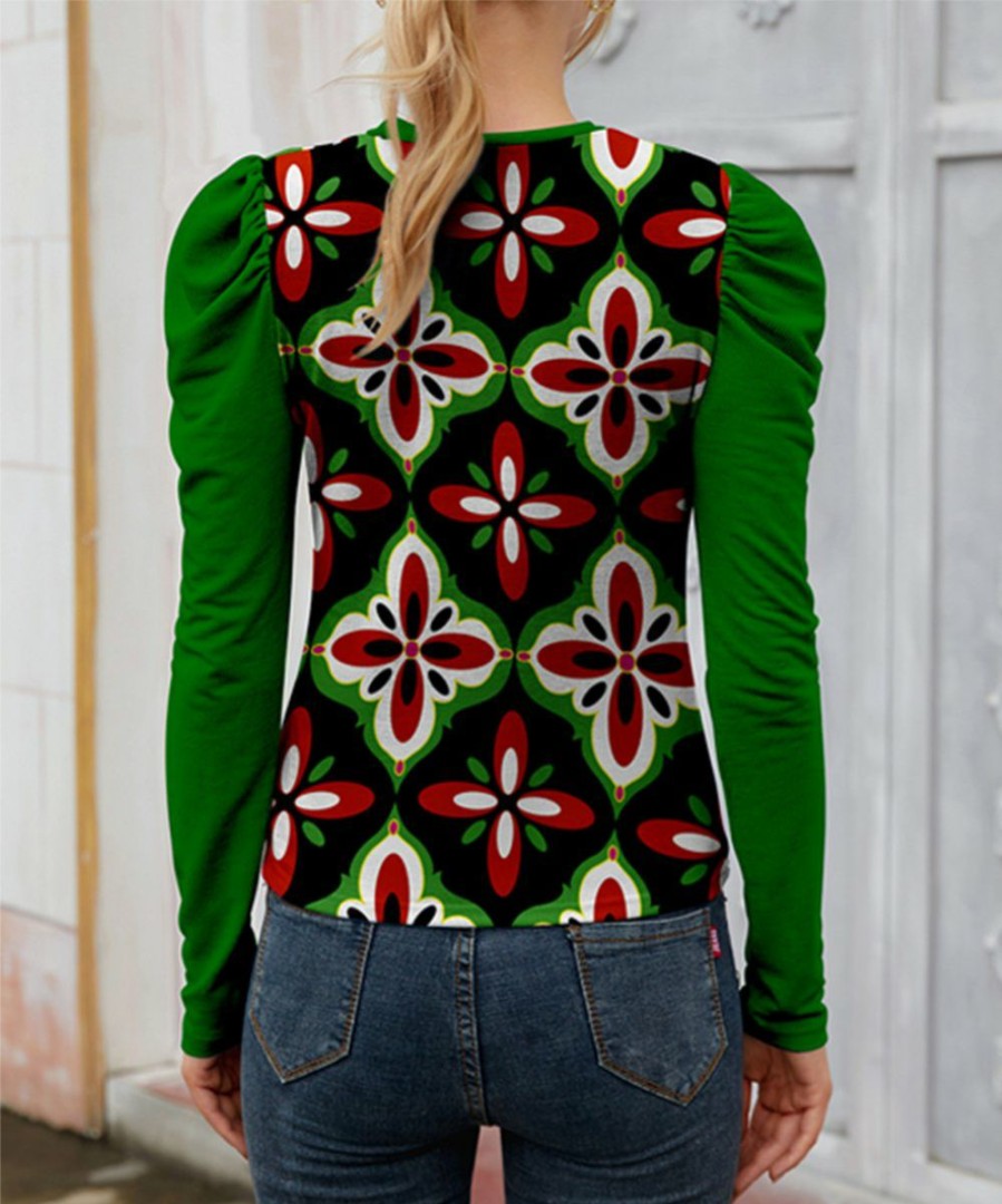 Womens Plus * | Wholesale Izuria Green & Red Medallion Floral Crewneck Puff-Sleeve Top Women