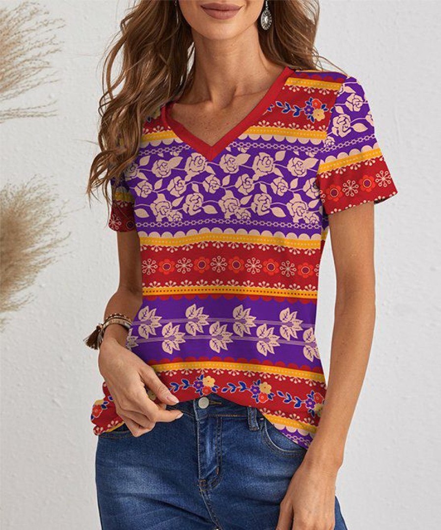 Womens Plus * | Flash Sale Izuria Red & Purple Floral Stripe Short-Sleeve V-Neck Top Plus