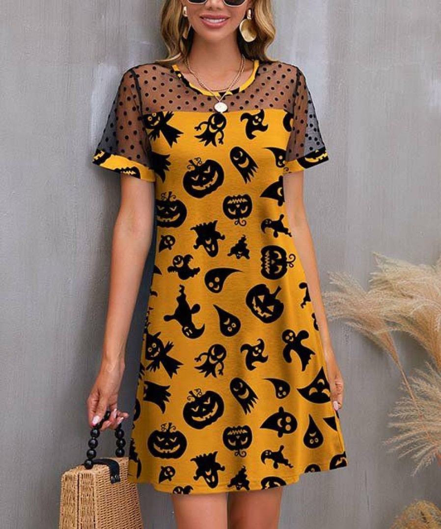 Women * | Cheapest Izuria Orange & Black Pumpkins & Ghosts Mesh-Accent A-Line Dress Women