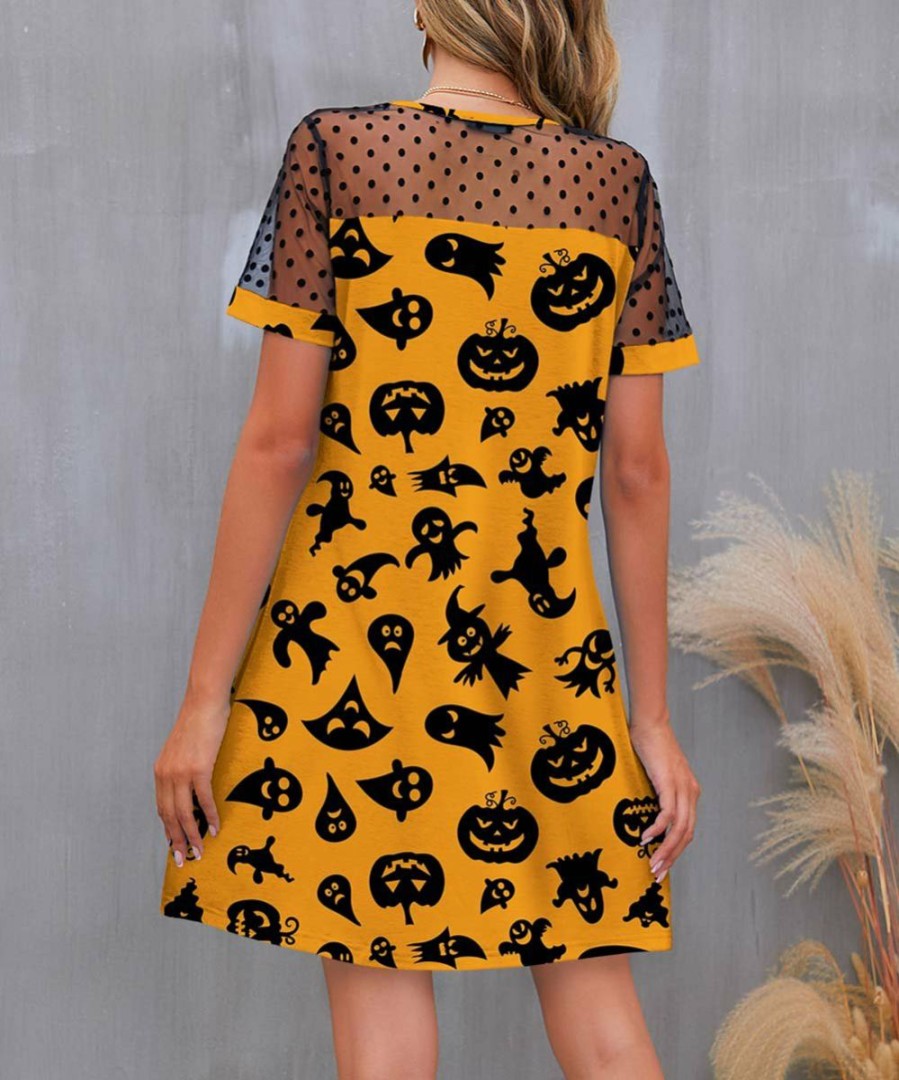 Women * | Cheapest Izuria Orange & Black Pumpkins & Ghosts Mesh-Accent A-Line Dress Women