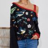 Womens Plus * | Wholesale Izuria Black & Burgundy Birds Floral Waffle-Knit Contrast Off-Shoulder Tunic Women