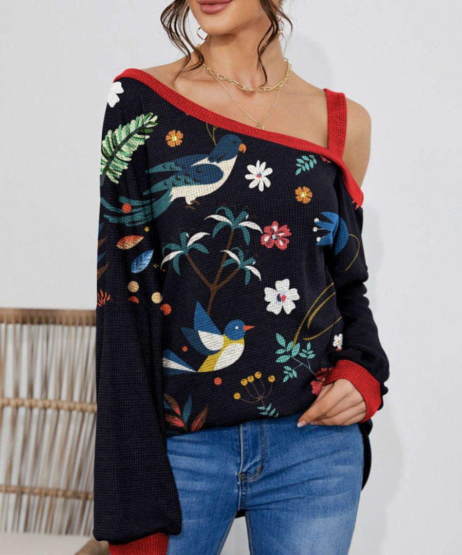 Womens Plus * | Wholesale Izuria Black & Burgundy Birds Floral Waffle-Knit Contrast Off-Shoulder Tunic Women