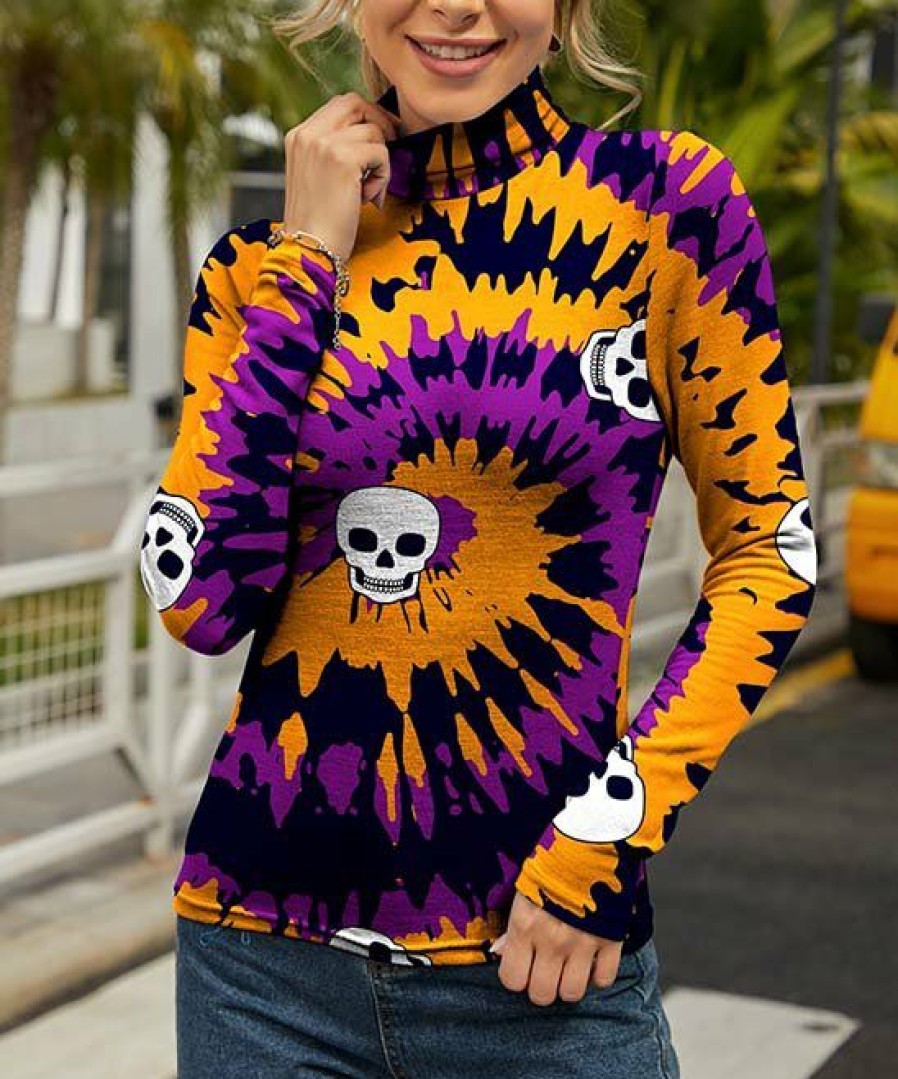 Womens Plus * | Best Pirce Izuria Orange & Purple Tie-Dye Swirl Skull Long-Sleeve Turtleneck Women