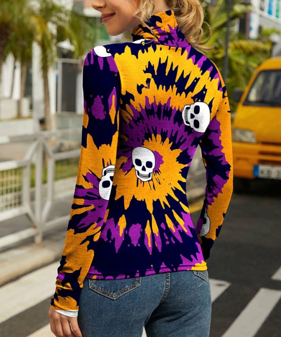 Womens Plus * | Best Pirce Izuria Orange & Purple Tie-Dye Swirl Skull Long-Sleeve Turtleneck Women