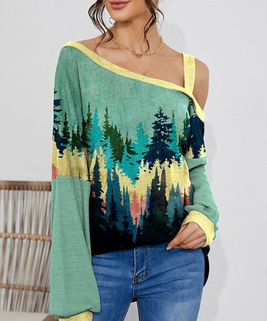 Women * | Wholesale Izuria Green & Yellow Forest Waffle Lantern-Sleeve Asymmetrical Top Women