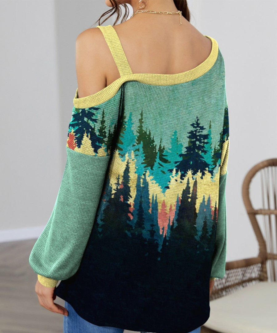 Women * | Wholesale Izuria Green & Yellow Forest Waffle Lantern-Sleeve Asymmetrical Top Women