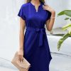 Women * | Buy Izuria Royal Blue Belted Short-Sleeve Notch Neck Dress Women