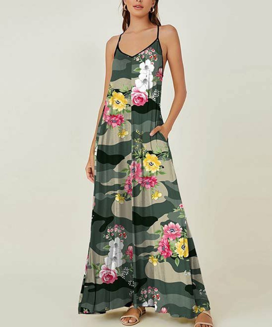 Womens Plus * | Coupon Izuria Green & Khaki Camo Floral Sleeveless Maxi Dress Plus