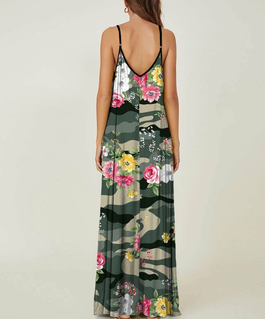 Womens Plus * | Coupon Izuria Green & Khaki Camo Floral Sleeveless Maxi Dress Plus