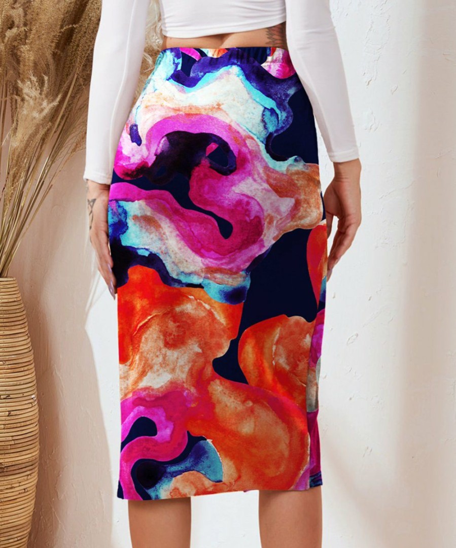 Women * | Brand New Izuria Navy & Coral Abstract Elastic-Waist Front-Slit Pencil Skirt Women