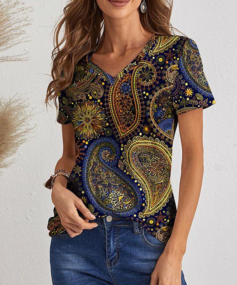 Womens Plus * | Buy Izuria Blue & Yellow Paisley V-Neck Tee Women