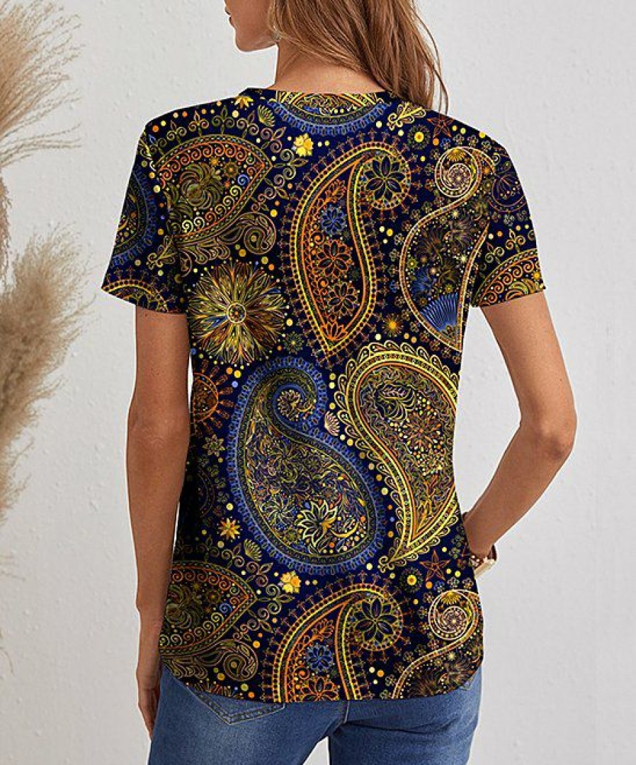 Womens Plus * | Buy Izuria Blue & Yellow Paisley V-Neck Tee Women