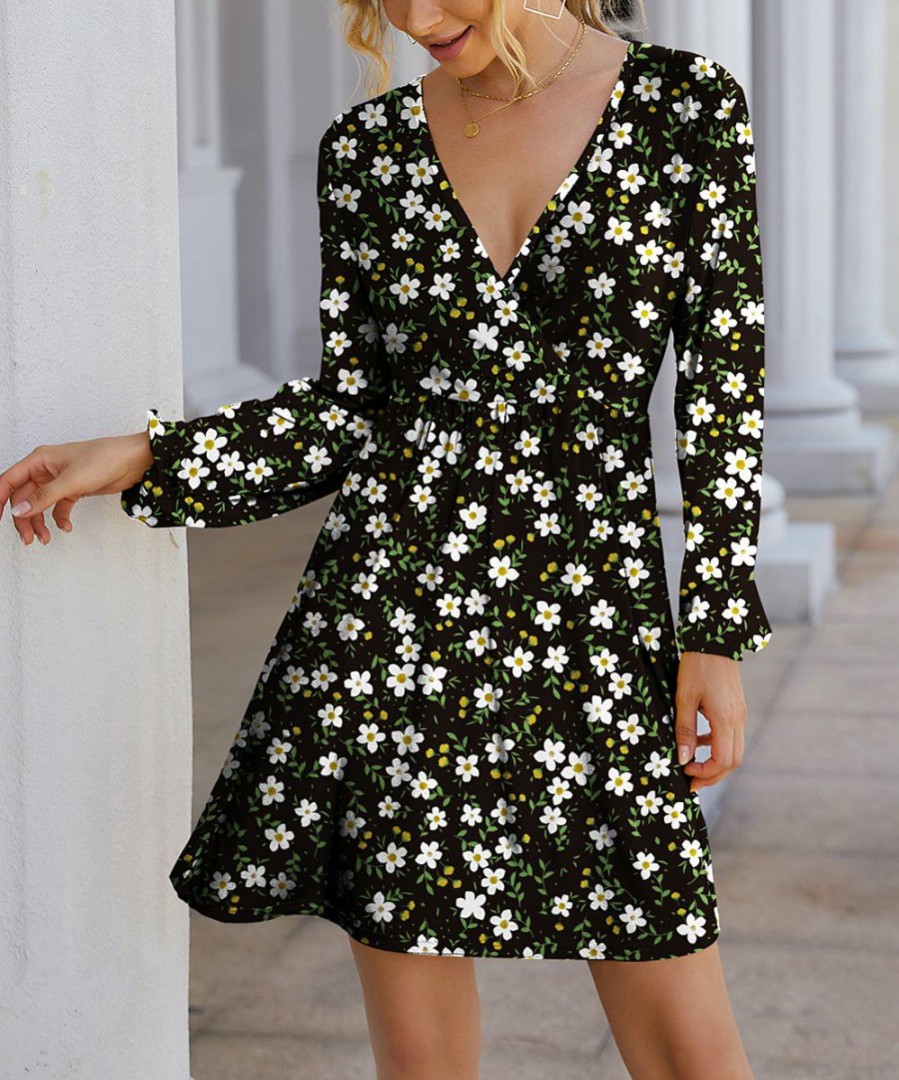 Women * | Hot Sale Izuria Black & White Floral Long-Sleeve Empire-Waist Surplice Dress Women