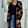 Women * | Hot Sale Izuria Black & Gray Argyle Waffle-Knit Longline Open Cardigan Women & Plus