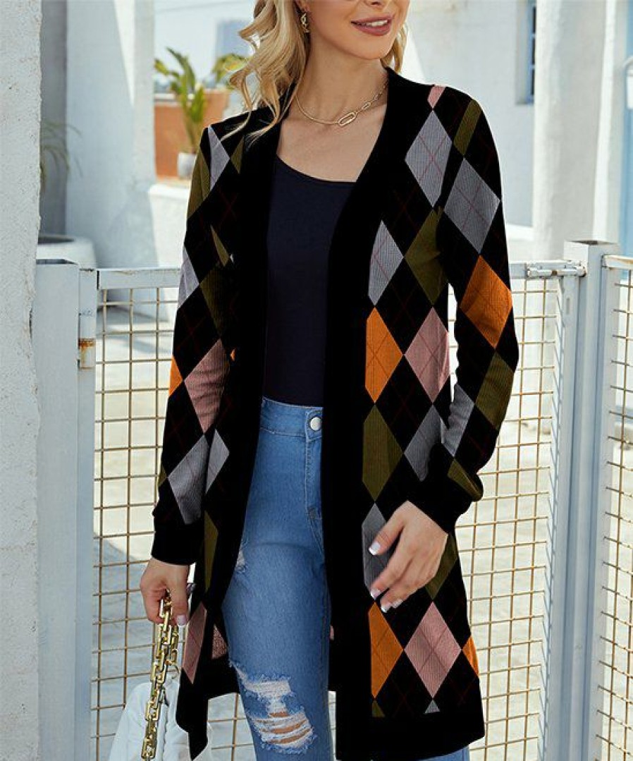 Women * | Hot Sale Izuria Black & Gray Argyle Waffle-Knit Longline Open Cardigan Women & Plus