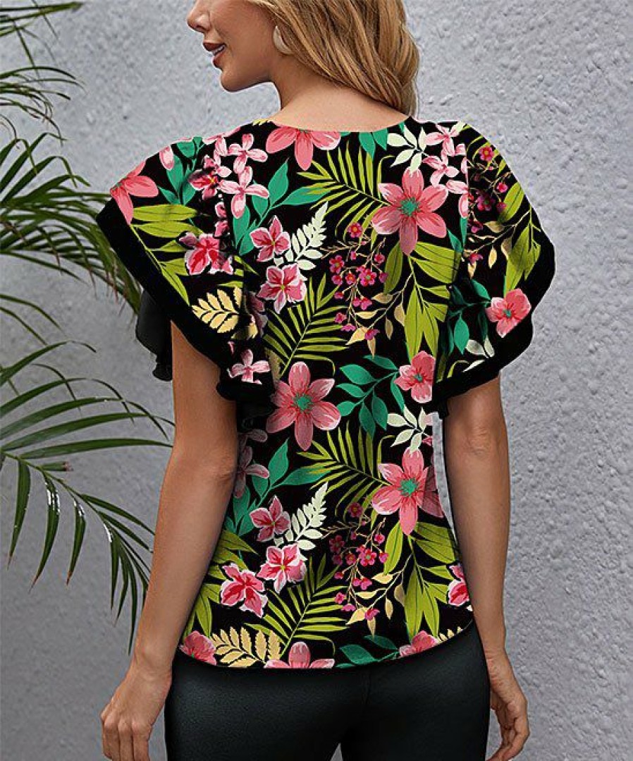 Womens Plus * | Cheap Izuria Black & Pink Floral Layered Butterfly-Sleeve Crewneck Top Women