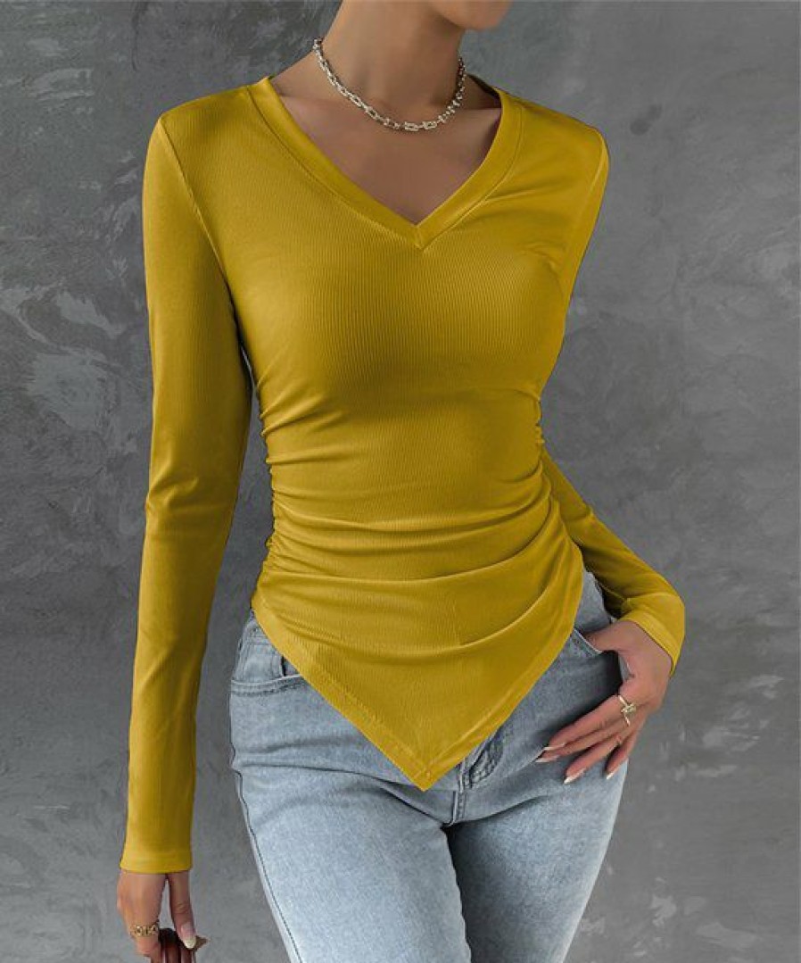 Women * | Buy Izuria Yellow Side-Shirred Triangle-Hem V-Neck Top Women