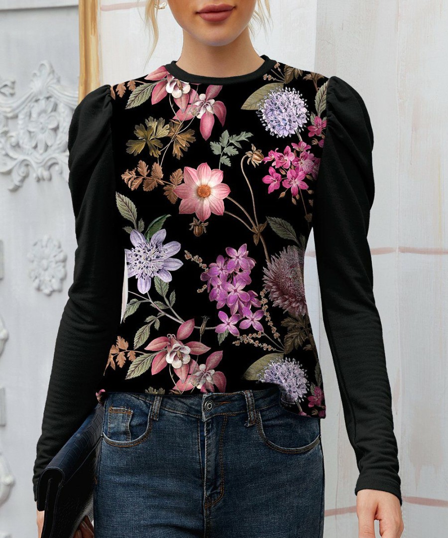 Women * | Cheap Izuria Black & Purple Floral Puff-Sleeve Top Women & Plus