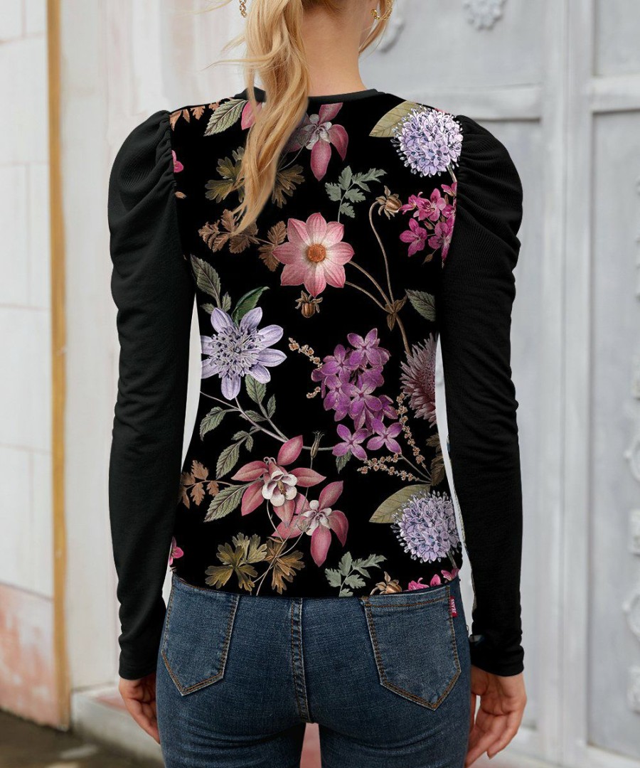 Women * | Cheap Izuria Black & Purple Floral Puff-Sleeve Top Women & Plus