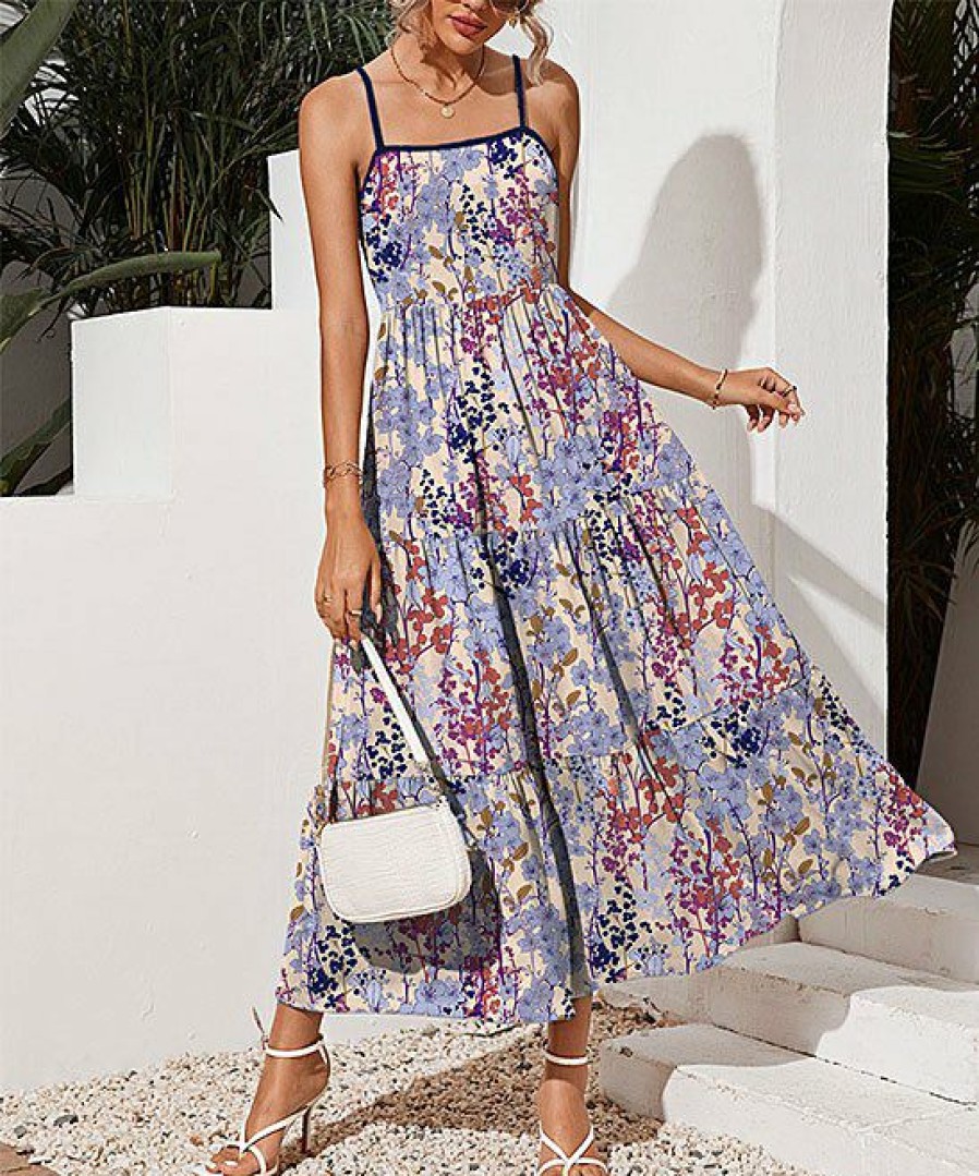 Women * | Outlet Izuria Apricot & Purple Floral Tiered Sleeveless Midi Dress Plus