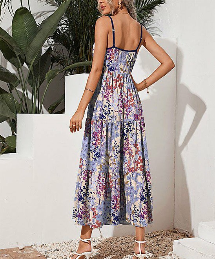 Women * | Outlet Izuria Apricot & Purple Floral Tiered Sleeveless Midi Dress Plus