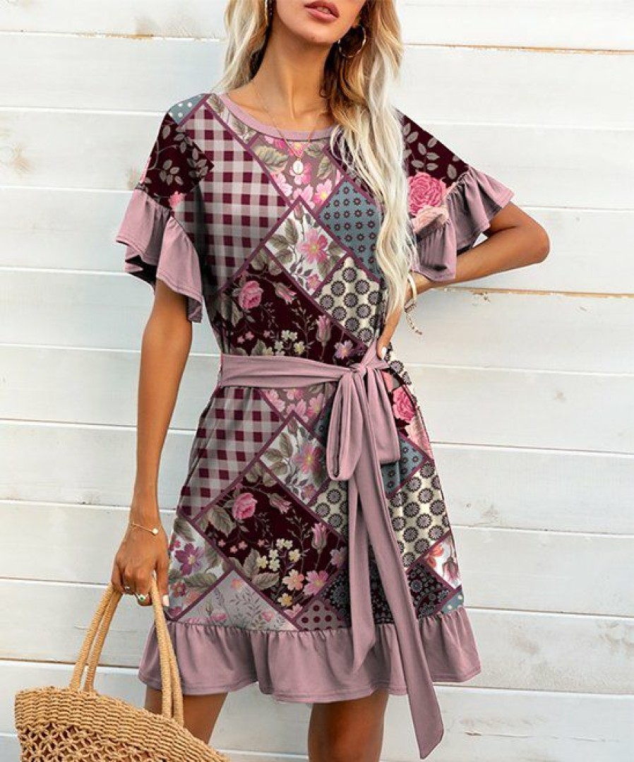 Women * | Best Pirce Izuria Purple & Pink Patchwork Belted Shift Dress Women