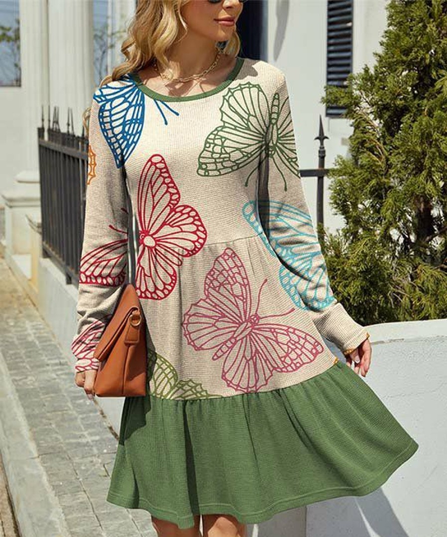 Women * | Best Pirce Izuria Apricot & Green Butterfly Waffle-Knit Drop-Waist Dress Women