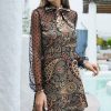 Women * | Promo Izuria Slate Blue & Apricot Paisley Polka Dot Sheer-Accent Tie-Neck A-Line Dress Plus