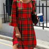 Womens Plus * | Best Pirce Izuria Red & Green Plaid Three-Quarter Bell-Sleeve Dress Women