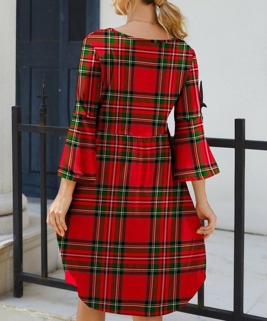 Womens Plus * | Best Pirce Izuria Red & Green Plaid Three-Quarter Bell-Sleeve Dress Women