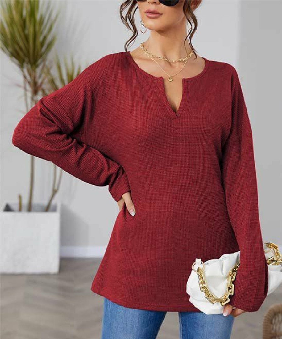 Women * | Buy Izuria Burgundy Waffle-Knit Long-Sleeve Notch Neck Tunic Women