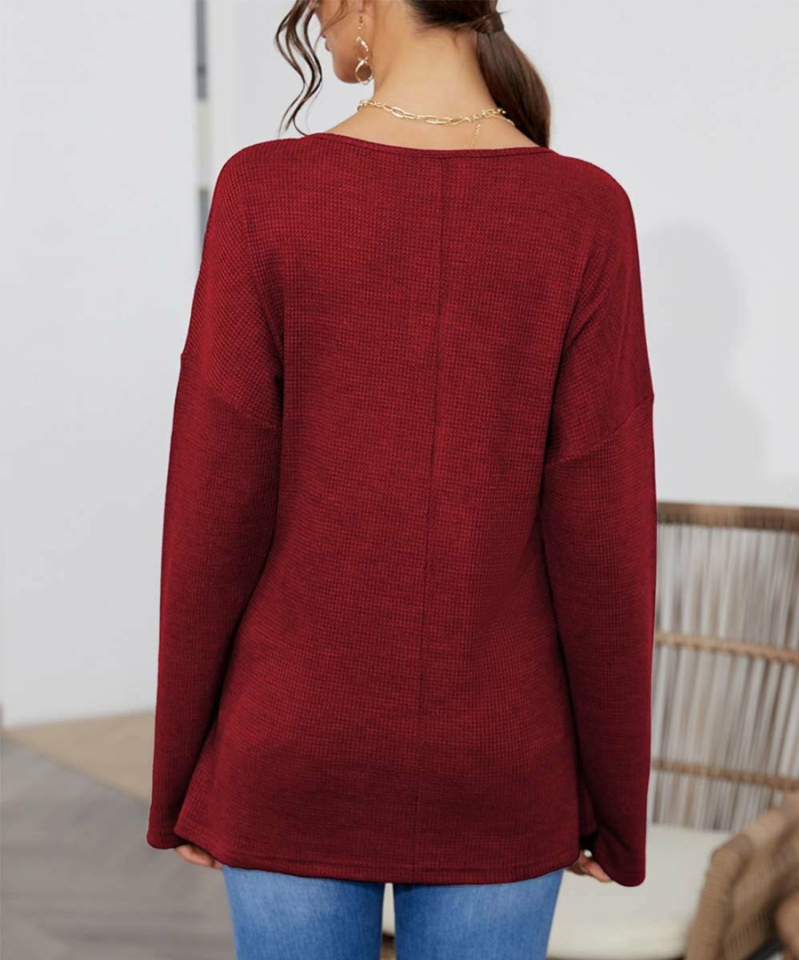 Women * | Buy Izuria Burgundy Waffle-Knit Long-Sleeve Notch Neck Tunic Women