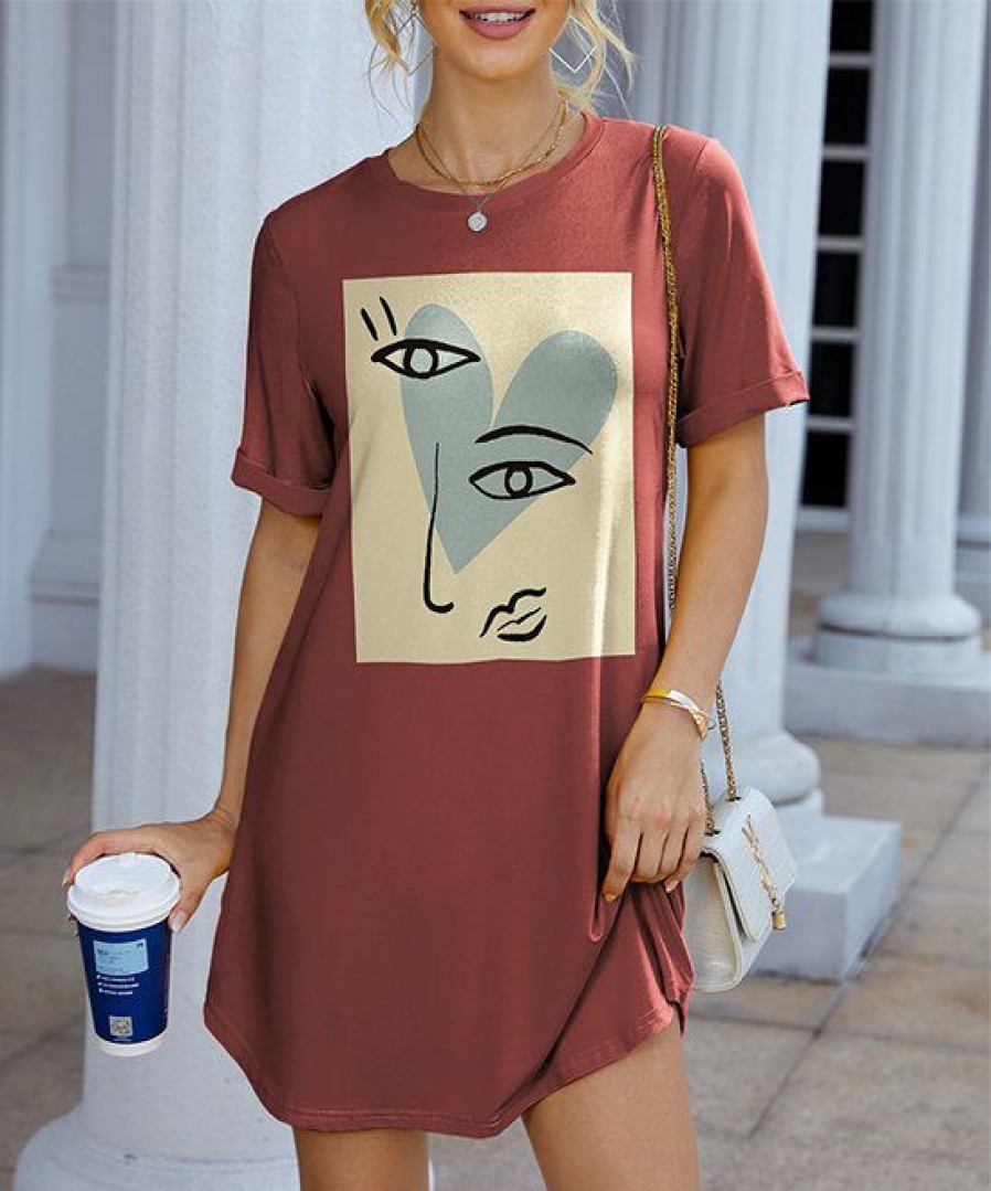 Womens Plus * | New Izuria Burgundy Abstract Face Short-Sleeve T-Shirt Dress Plus