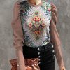 Womens Plus * | Buy Izuria Pink & Blue Abstract Floral Button-Accent Long Puff-Sleeve Top Women & Plus