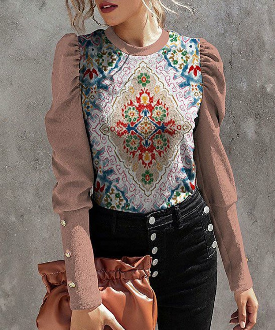 Womens Plus * | Buy Izuria Pink & Blue Abstract Floral Button-Accent Long Puff-Sleeve Top Women & Plus