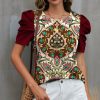 Womens Plus * | Wholesale Izuria White & Red Abstract Floral Puff Sleeve Crewneck Top Women