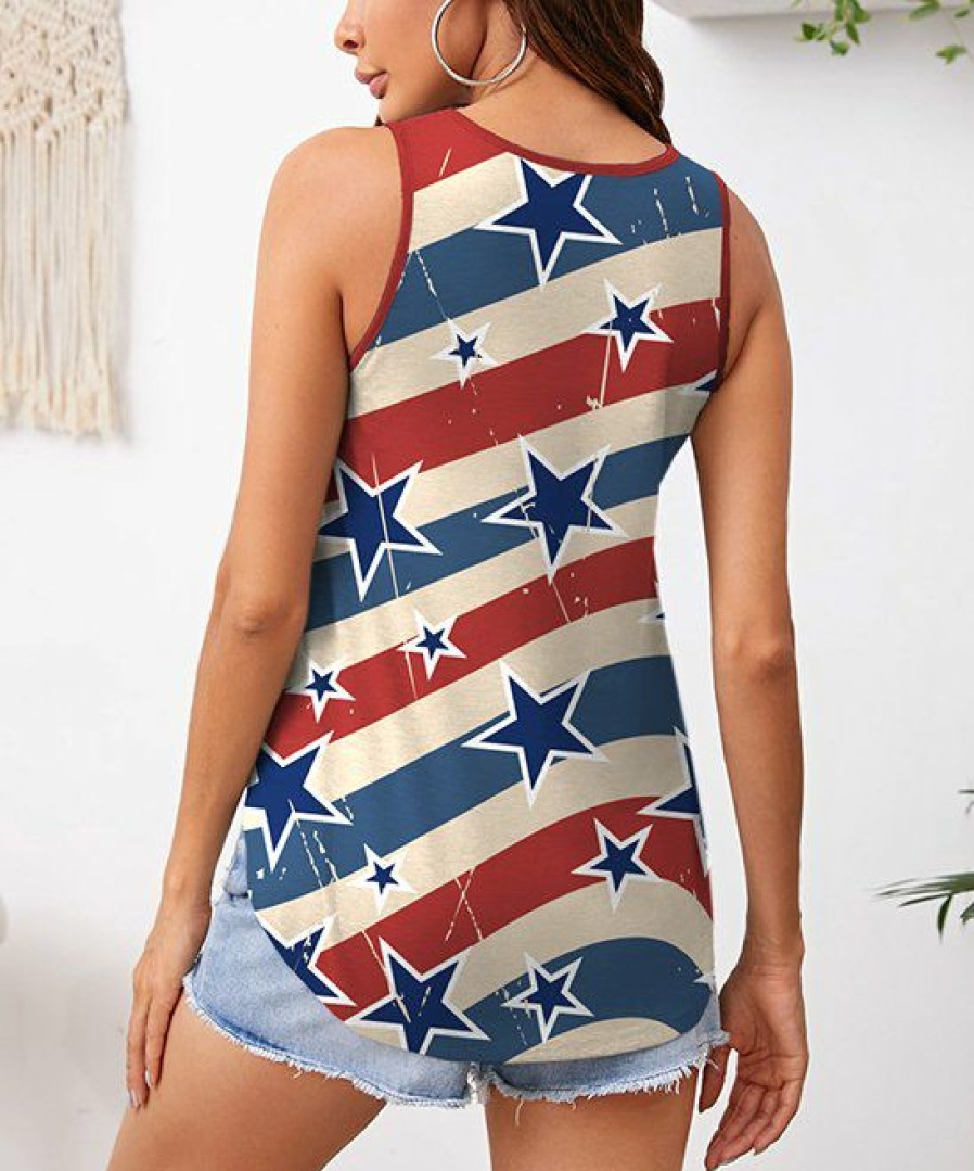 Women * | Deals Izuria Red & Blue Star Stripe Curved-Hem V-Neck Sleeveless Top Plus