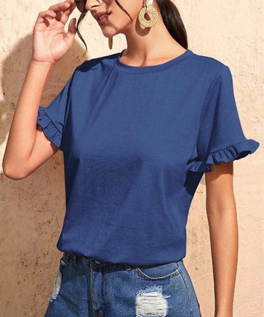 Womens Plus * | Cheap Izuria Blue Ruffle-Sleeve Crewneck Top Plus