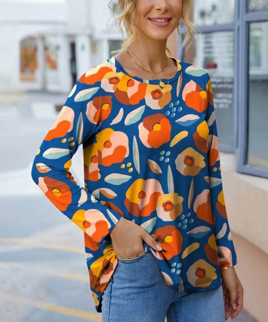 Womens Plus * | Hot Sale Izuria Blue & Orange Floral Crewneck Top Women