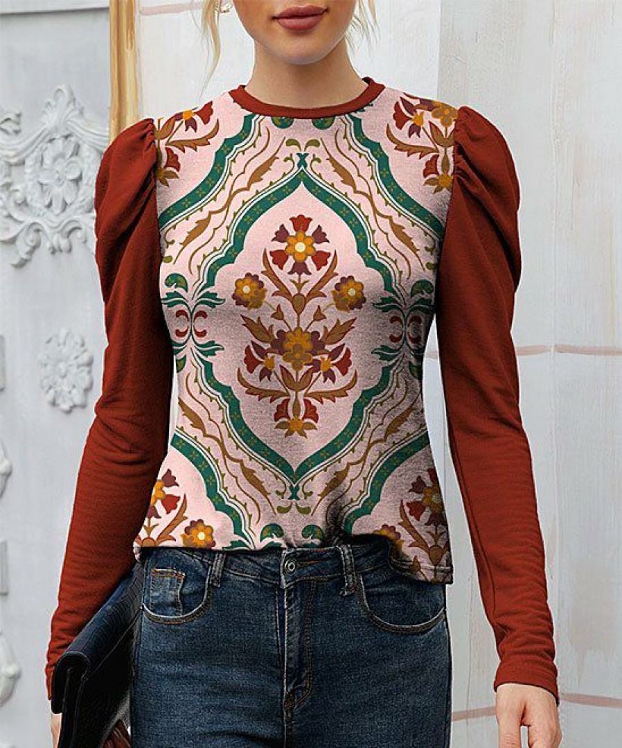 Womens Plus * | Top 10 Izuria Red & Pink Floral Puff-Sleeve Crewneck Top Plus