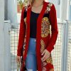 Women * | Cheap Izuria Red & Yellow Medallion Waffle-Knit Longline Open Cardigan Plus