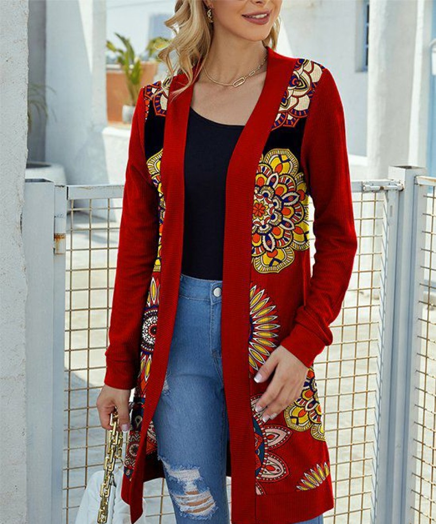 Women * | Cheap Izuria Red & Yellow Medallion Waffle-Knit Longline Open Cardigan Plus