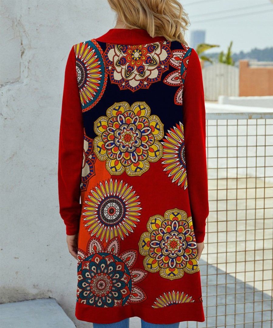 Women * | Cheap Izuria Red & Yellow Medallion Waffle-Knit Longline Open Cardigan Plus