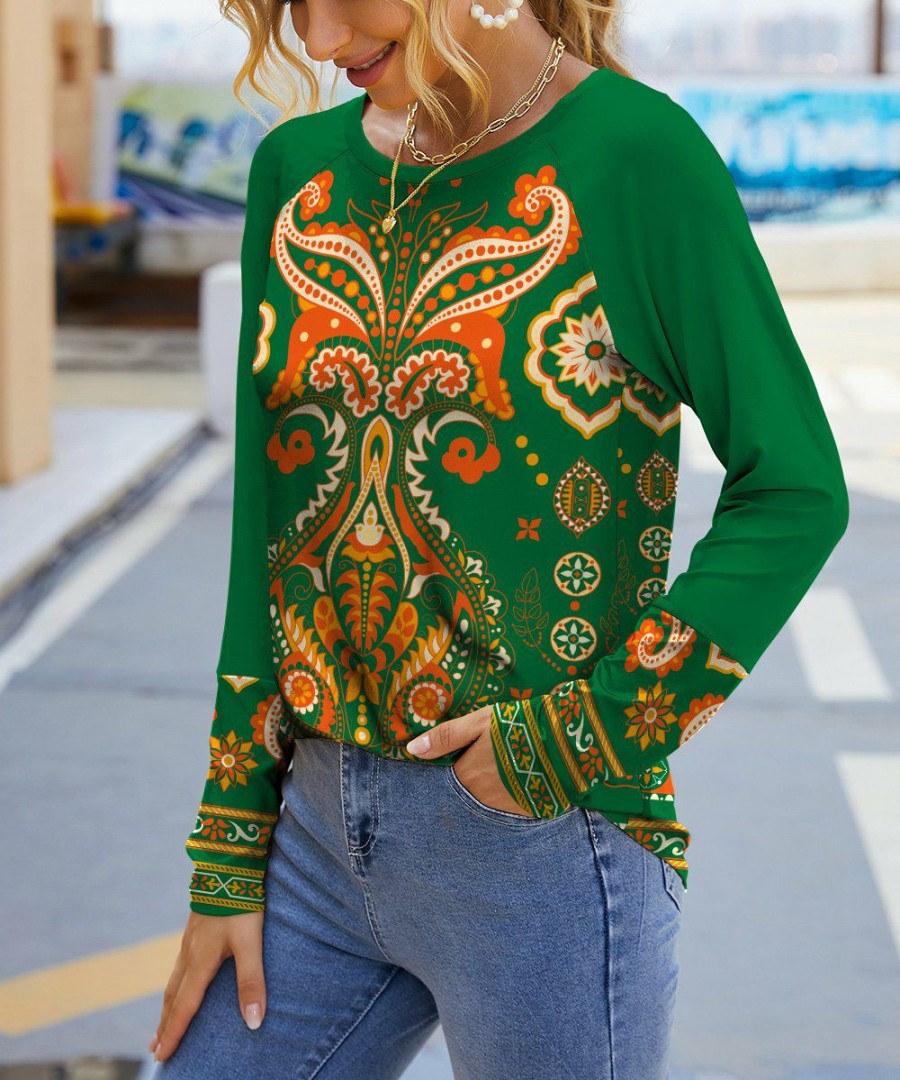 Womens Plus * | Cheapest Izuria Green & Orange Arabesque Long-Sleeve Raglan Top Women