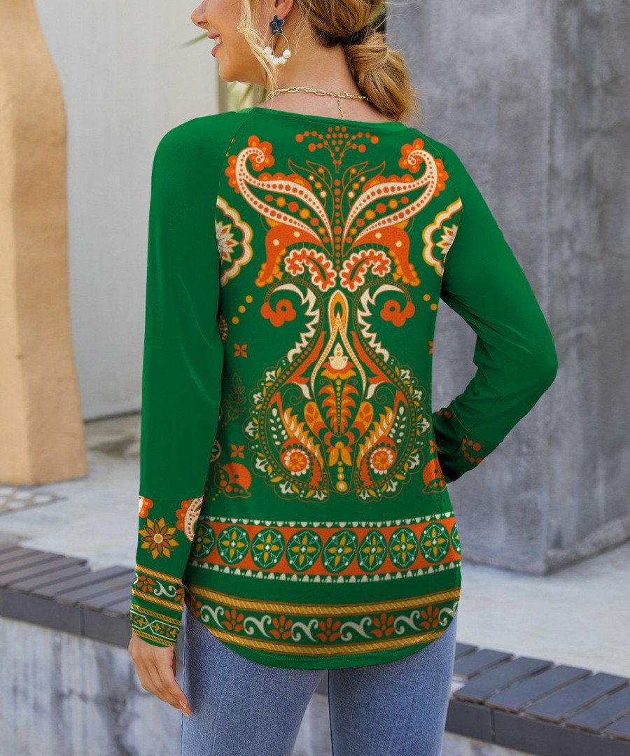 Womens Plus * | Cheapest Izuria Green & Orange Arabesque Long-Sleeve Raglan Top Women