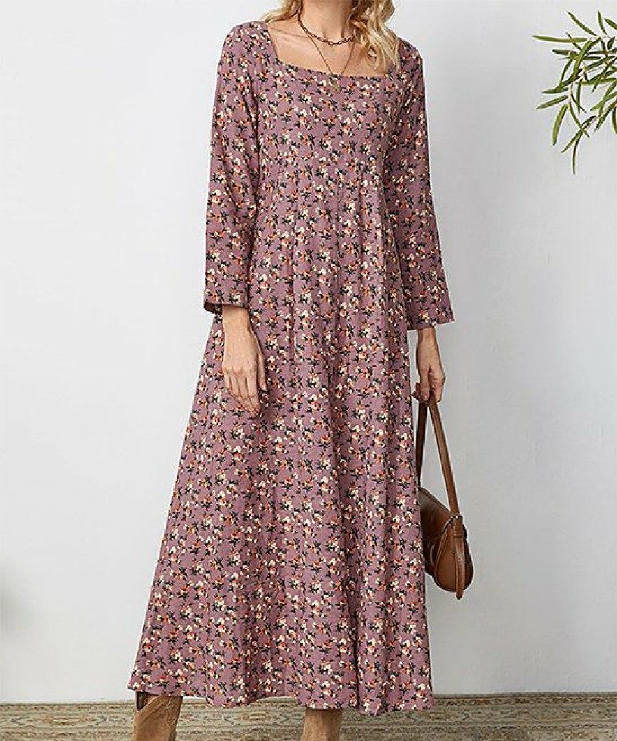 Womens Plus * | Best Reviews Of Izuria Mauve & Pink Floral Square Neck Empire-Waist Maxi Dress Women